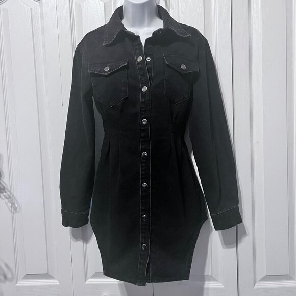 Prettylittlething-Women's Size 6 Black Long Sleeve Button Up Mini Denim Dress - Picture 1 of 16